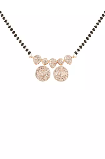 Rose gold plated traditional single line american diamond pendant with black bead chain mangalsutra for women 