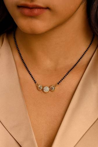 Rose gold plated traditional single line american diamond pendant with black bead chain mangalsutra for women (d106)