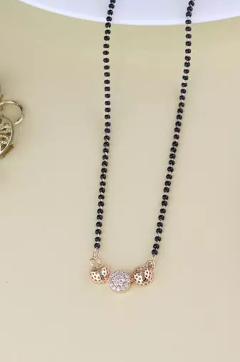 Rose gold plated traditional single line american diamond pendant with black bead chain mangalsutra for women 
