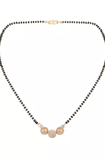 Rose gold plated traditional single line american diamond pendant with black bead chain mangalsutra for women 