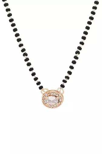 Rose gold plated traditional single line american diamond pendant with black bead chain mangalsutra for women 