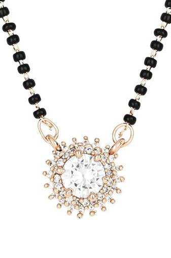 Rose gold plated traditional single line american diamond black bead chain mangalsutra for women (d116)