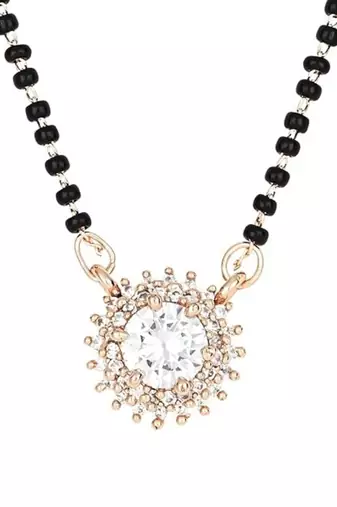 Rose gold plated traditional single line american diamond black bead chain mangalsutra for women (d116)