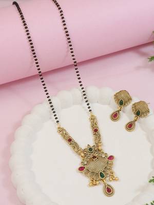 Gold plated traditional studded pendant & black bead chain mangalsutra with earrings for women  1