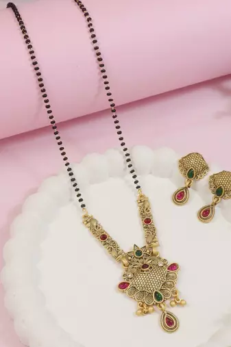 Gold plated traditional studded pendant & black bead chain mangalsutra with earrings for women 