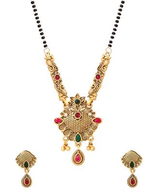 Gold plated traditional studded pendant & black bead chain mangalsutra with earrings for women  2
