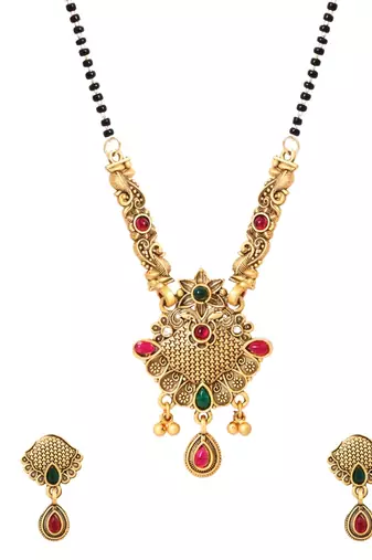 Gold plated traditional studded pendant & black bead chain mangalsutra with earrings for women 