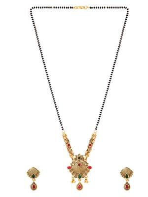 Gold plated traditional studded pendant & black bead chain mangalsutra with earrings for women  3