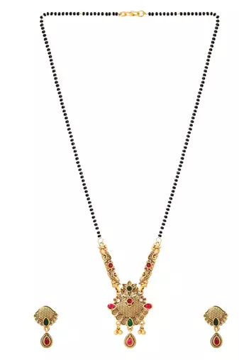 Gold plated traditional studded pendant & black bead chain mangalsutra with earrings for women 