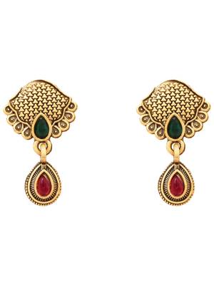 Gold plated traditional studded pendant & black bead chain mangalsutra with earrings for women  4