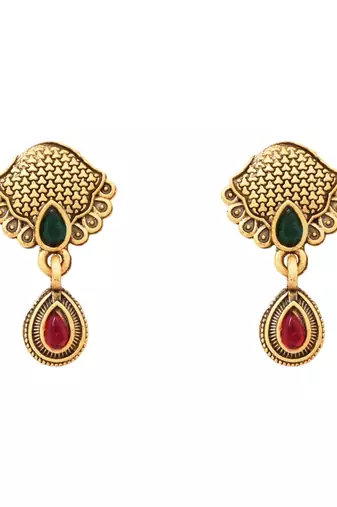 Gold plated traditional studded pendant & black bead chain mangalsutra with earrings for women 