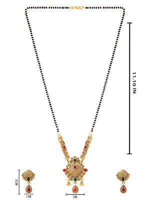 Gold plated traditional studded pendant & black bead chain mangalsutra with earrings for women  5