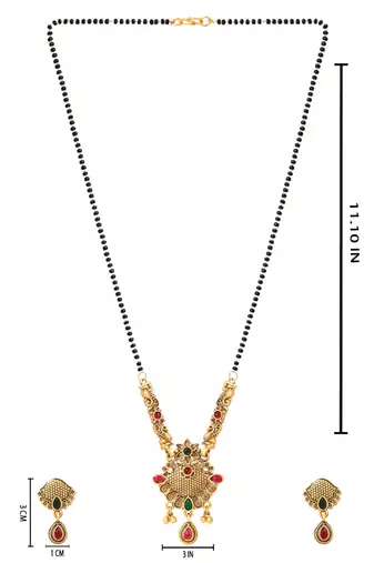 Gold plated traditional studded pendant & black bead chain mangalsutra with earrings for women 
