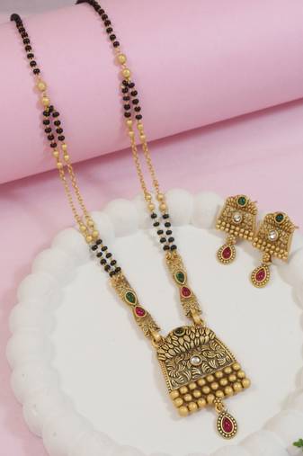 Gold plated traditional studded pendant & black bead chain mangalsutra with earrings for women (d123)