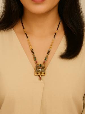 Gold plated traditional studded pendant & black bead chain mangalsutra with earrings for women  2