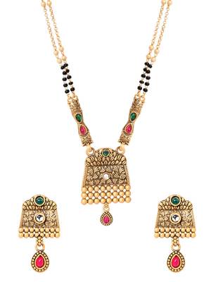 Gold plated traditional studded pendant & black bead chain mangalsutra with earrings for women  3