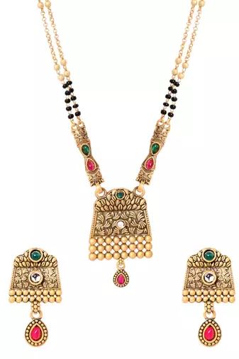 Gold plated traditional studded pendant & black bead chain mangalsutra with earrings for women 