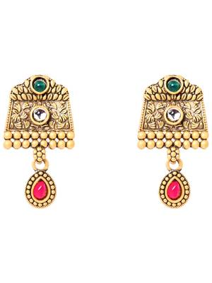 Gold plated traditional studded pendant & black bead chain mangalsutra with earrings for women  4