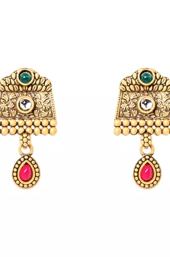 Gold plated traditional studded pendant & black bead chain mangalsutra with earrings for women 