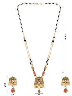Gold plated traditional studded pendant & black bead chain mangalsutra with earrings for women  5