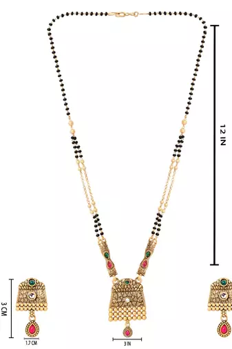 Gold plated traditional studded pendant & black bead chain mangalsutra with earrings for women 