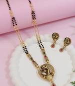 Gold plated traditional studded pendant & black bead chain mangalsutra with earrings for women
