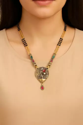 Gold plated traditional studded pendant & black bead chain mangalsutra with earrings for women 
