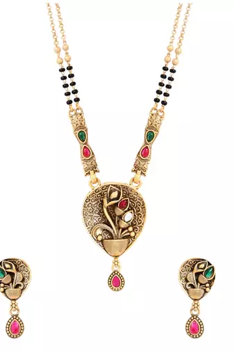 Gold plated traditional studded pendant & black bead chain mangalsutra with earrings for women 