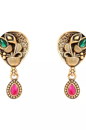 Gold plated traditional studded pendant & black bead chain mangalsutra with earrings for women 