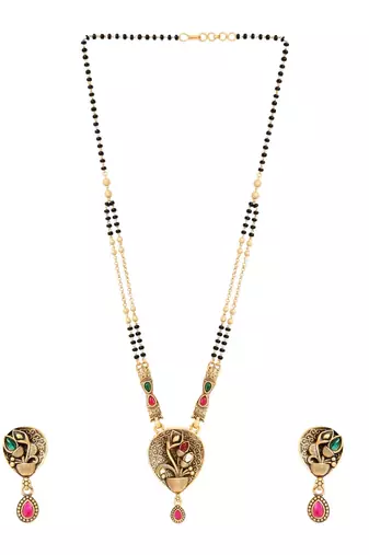 Gold plated traditional studded pendant & black bead chain mangalsutra with earrings for women 