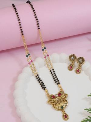Gold plated traditional studded pendant & black bead chain mangalsutra with earrings for women  1
