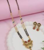 Gold plated traditional studded pendant & black bead chain mangalsutra with earrings for women