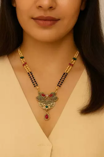 Gold plated traditional studded pendant & black bead chain mangalsutra with earrings for women 