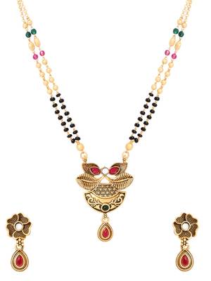 Gold plated traditional studded pendant & black bead chain mangalsutra with earrings for women  3