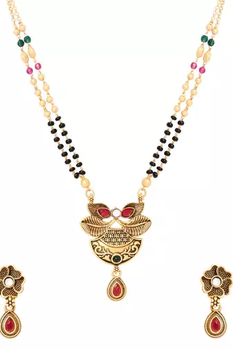 Gold plated traditional studded pendant & black bead chain mangalsutra with earrings for women 