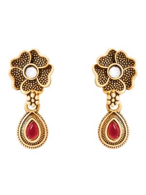 Gold plated traditional studded pendant & black bead chain mangalsutra with earrings for women  4