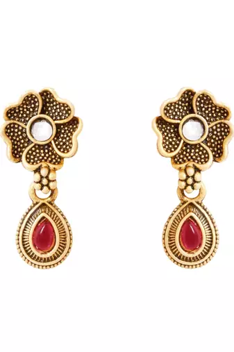 Gold plated traditional studded pendant & black bead chain mangalsutra with earrings for women 