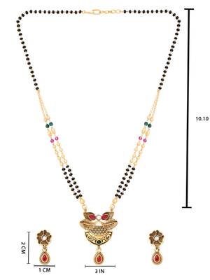 Gold plated traditional studded pendant & black bead chain mangalsutra with earrings for women  5
