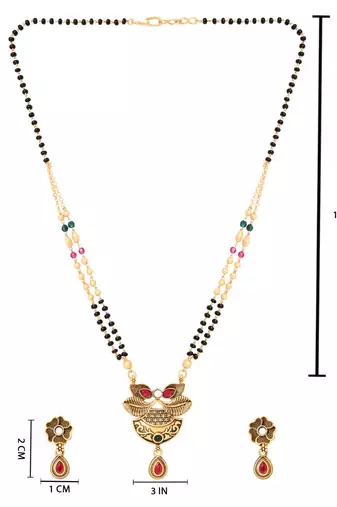 Gold plated traditional studded pendant & black bead chain mangalsutra with earrings for women 