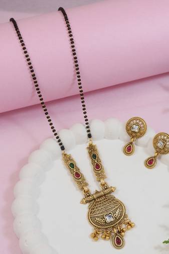 Gold plated traditional studded pendant & black bead chain mangalsutra with earrings for women (d126)