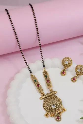 Gold plated traditional studded pendant & black bead chain mangalsutra with earrings for women 