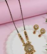Gold plated traditional studded pendant & black bead chain mangalsutra with earrings for women