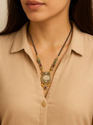 Gold plated traditional studded pendant & black bead chain mangalsutra with earrings for women  2