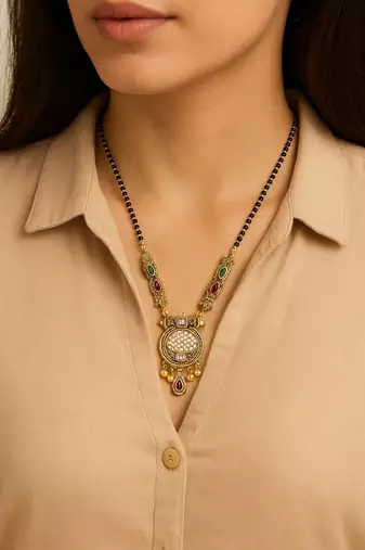 Gold plated traditional studded pendant & black bead chain mangalsutra with earrings for women 