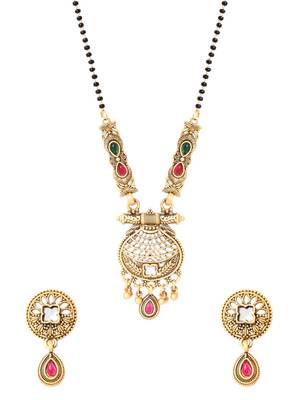 Gold plated traditional studded pendant & black bead chain mangalsutra with earrings for women  3