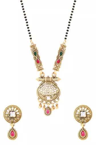 Gold plated traditional studded pendant & black bead chain mangalsutra with earrings for women 
