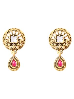 Gold plated traditional studded pendant & black bead chain mangalsutra with earrings for women  4