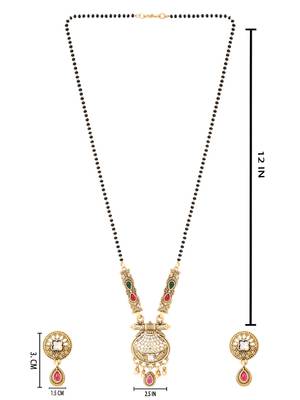 Gold plated traditional studded pendant & black bead chain mangalsutra with earrings for women  5