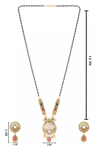Gold plated traditional studded pendant & black bead chain mangalsutra with earrings for women 