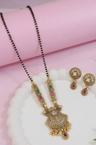 Gold plated traditional studded pendant & black bead chain mangalsutra with earrings for women (d127)